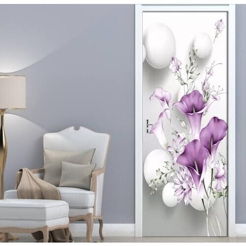 PVC Self-adhesive 3D Removable Wall Door Sticker Fresh Purple Calla Wallpaper Living Room Door Decor Decals DIY
