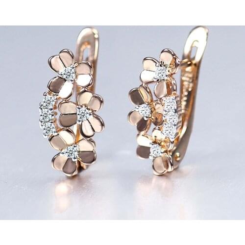 New 585 Rose Gold Stud Earrings Square Paved Clear Cubic Zircon Drop Earrings for Women Girls Wedding Jewelry Gifts HGE302