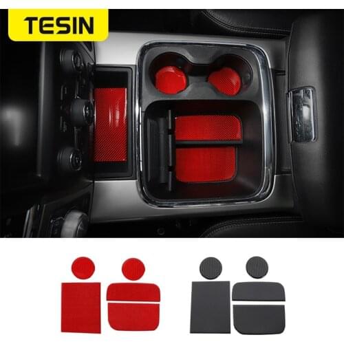 TESIN Soft Carbon Fiber Car Central Cup Holder Mat Pad Decoration Stickers for Dodge Ram 1500 2010-2015 Car Interior Accessories