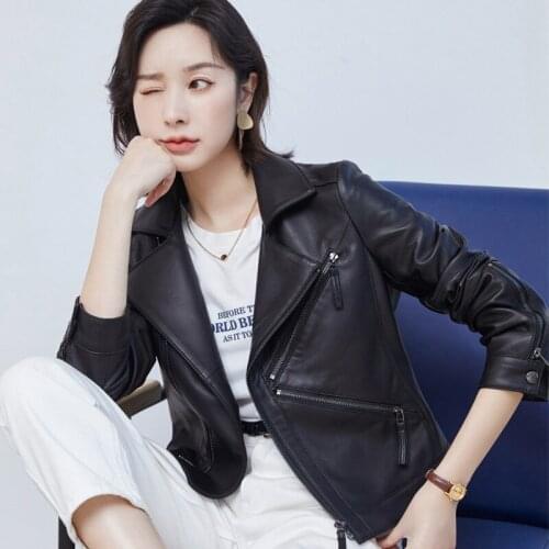 YYCZF New Women Jacket Leather Jacket Lady Female Real Sheep Skin Slim High Waist Motorcycle SP & AU Jacket Coats Trench Clothes