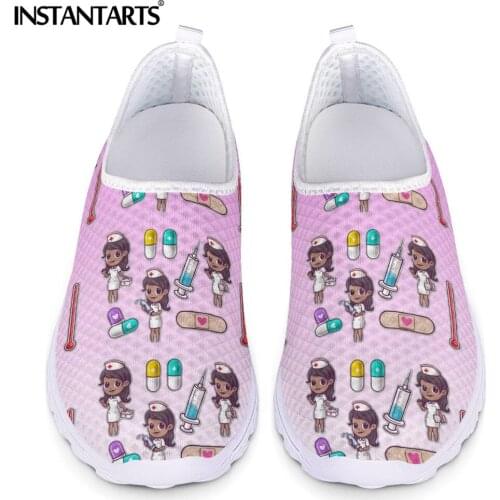 INSTANTARTS Fashion Women Nurse Flat Shoes Gradient Nurse With Medicine Cartoon Pattern Girls Mesh Sneakers Slip-on Loafers 2021