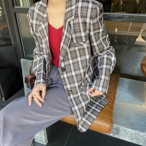 2021 New Women Spring Plaid Blazer Coat Jacket Single Breasted Loose Suits Outwear Overcoat