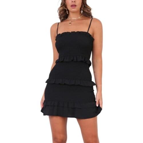 Womens Sling Pleated Dress Summer Fashion Sexy Sleeveless High Waist Cake Dress Solid Color