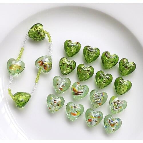Crystal Handmade Gold Foil Heart Green Glass Beads Loose Beads 14*15MM 10PCS For Jewelry Making Wholesale Lots Jewelry Making