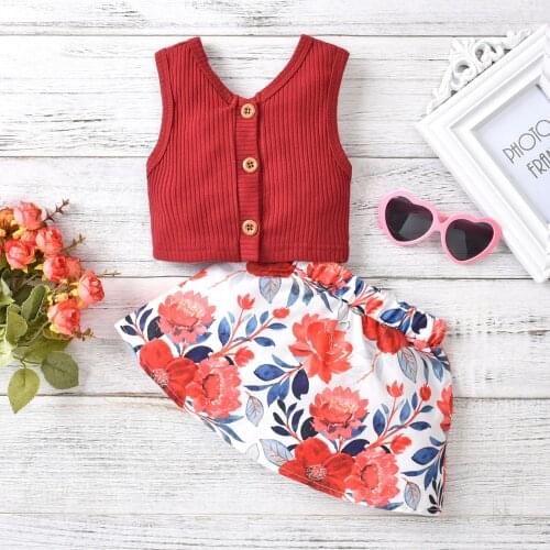 2 Pcs Infant Sweet Summer Outfits Baby Girl Sleeveless Ribbed V-Neck Button Tank Top + Flower Print Elastic Waist Skirt (Red)