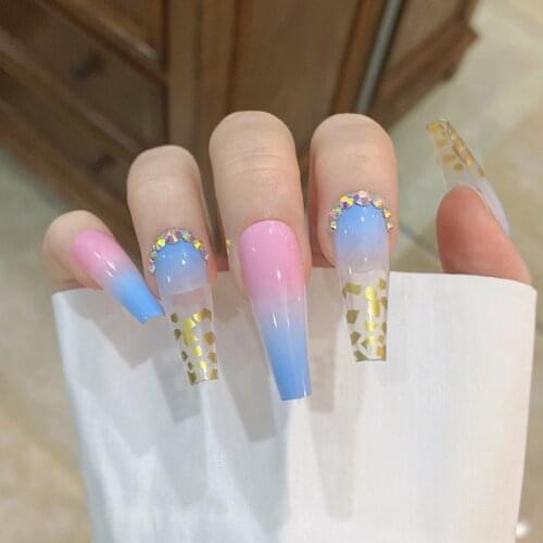 24 PCS Kit Luxury Rainbow Designs Jelly Glue Gel Diamond Long Fake Nails Press on Full Set JP1768-B3