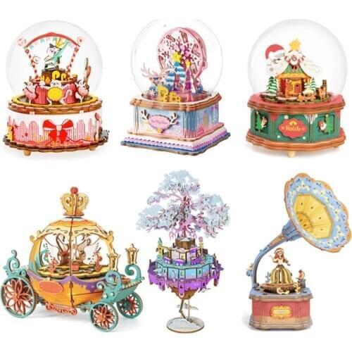 Robotime Holiday Gift 7 Kinds DIY 3D Puzzle Game Assembly Moveable Music Box Toy for Children Adult