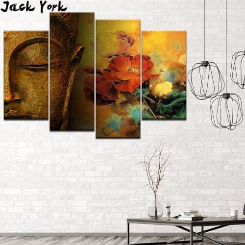 Canvas Painting abstract Buddha and orchid 4 Pieces Wall Art Painting Modular Wallpapers Poster Print for living room Home Decor