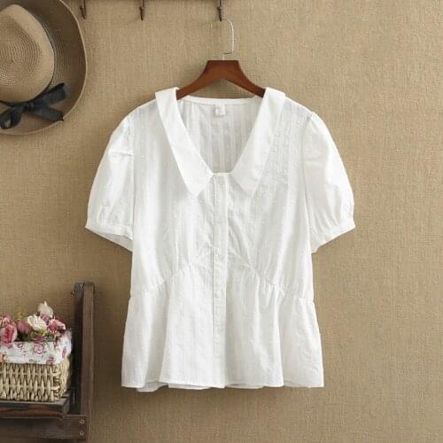 Plus Size Shirts For Women Fashion Lapels Keep Waist Tight Splicing Buttons Cotton Short Sleeves Elastic Cuff Short Shirt Summer