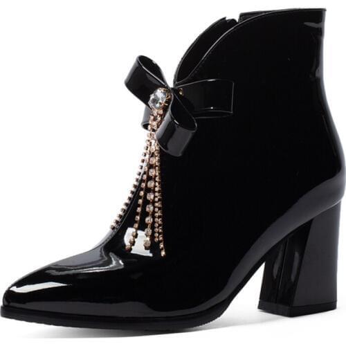 Patent Leather Pointed Rhinestone High-Heel Ankle Boots Chunky Heel Bow Side Zipper Ladies Ankle Boots Shallow Mouth Shoes