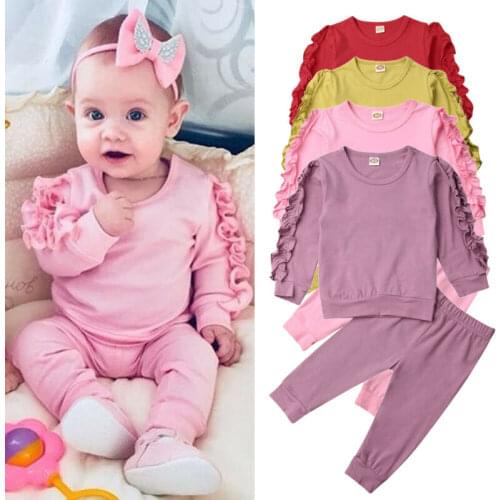 Citgeett Fall Autumn Solid Kid Baby Girl Clothes Long Sleeve Ruffle Tops Leggings Pants Outfit Tracksuit Spring Set