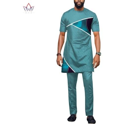 New BintaRealWax Men African Clothes Shirt and Pant 2pcs Set Dashiki African Print Traditional Casual Patchwork Clothing WYN1354