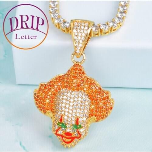 Orange Color Clown Pendant Bling Cubic Zircon Tennis Chain Charm Mens Hip Hop Rock Jewelry