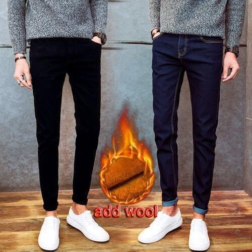 Hot 2020 autumn winter Casual thicken thermal Fleece thermal mens add wool Denim teenagers stretch pencil pants hot mens jeans