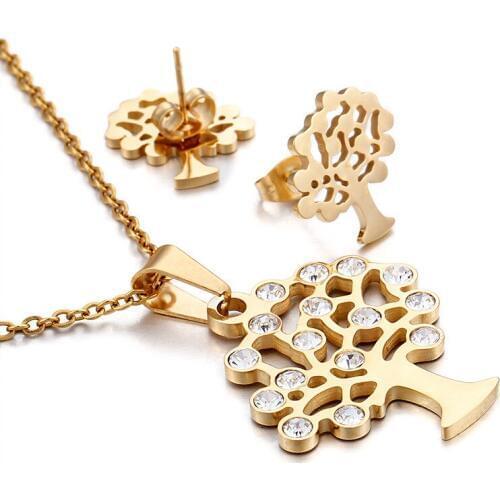 Hot Sale Crystal Life Tree Pendant Necklace Earrings Set 316L Stainless Steel Elegant Jewelry Sets Women Valentine Gifts