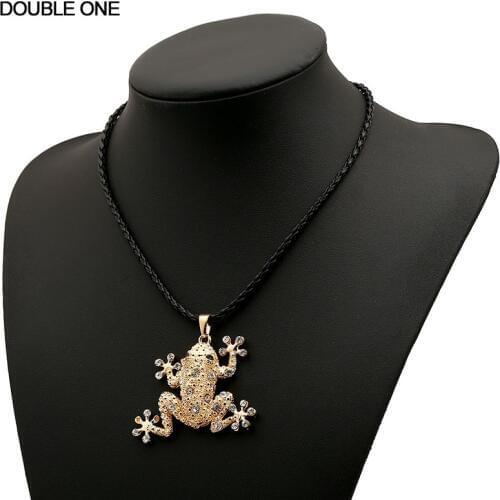 Fashion Frog Long Necklace Jewelry Crystal Frog Pendant Black Leather Pendant Chain Necklace for Women