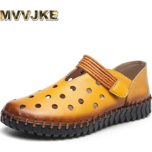 MVVJKE 2018 Genuine Leather Flat Shoes Women Loafers Slip On Flats Handmade Soft Cut Out Summer Shoes Round Toe Ladies Shoes
