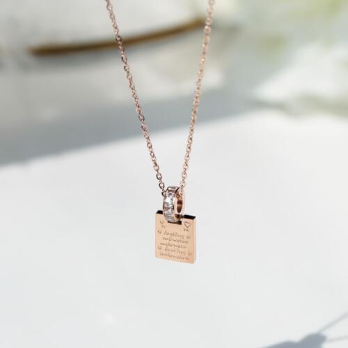 YUN RUO 2021 New Rose Gold Color Fashion Square Letters Crystal CZ Pendant Necklace Titanium Steel Jewelry Woman Gift Never Fade