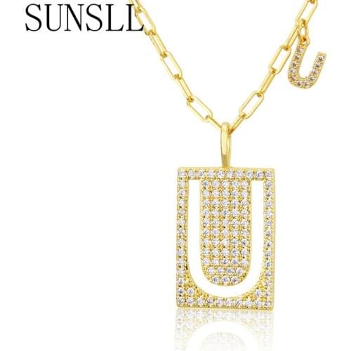 SUNSLL New arrival gold Square necklace CZ 26 initials pendant necklace for women party simple jewelry pendant necklace gifts