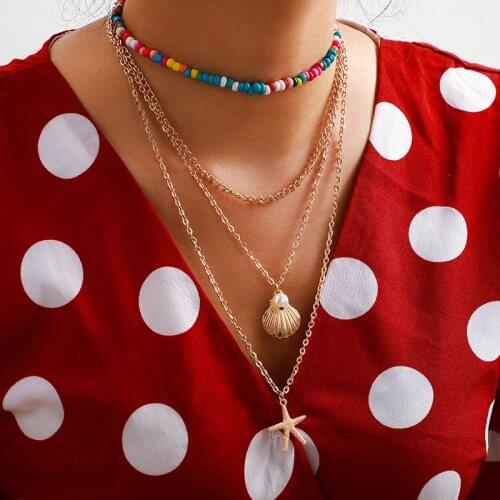 HI MAN 2Pcs/Set Acrylic Handmade Beaded Shell Pearl Starfish Pendant Necklace Women Fashion All-match Beach Jewelry