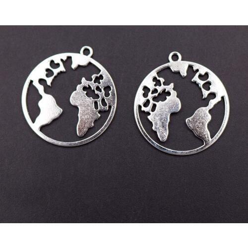 WKOUD 8pcs Silver Color 30mm Flat Round World Map Charm Necklace Bracelet DIY Metal Jewelry Pendant A1923