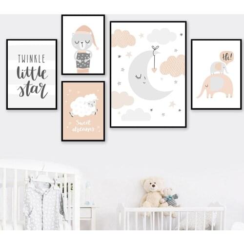 Nordic Elephant Sheep Raccoon Canvas Poster Animal Pictures Quotes Wall Art Painting Moon Star Cloud Prints Baby Kids Room Decor