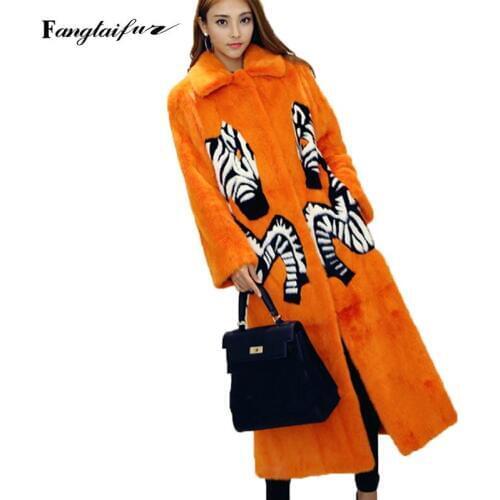 Fang Tai Fur 2019 Women Import Velvet Mink Coat Causal Turn-Down Collar Print Zebra Mink Coat Womens X-Long Real Mink Fur Coats