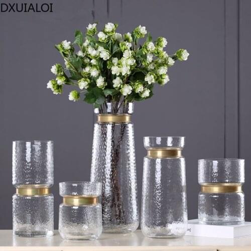 Glass Vase European Metal home Decoration accessories modern Copper Ring Retro Glass Vase Gold Rim Transparent Wavy Water