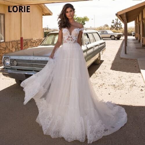 LORIE Bohemian Wedding Dresses O-Neck Appliques Lace Cap Sleeves Tulle White Ivory Vintage Bride Gowns 2021 suknia ślubna