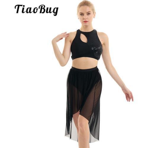 TiaoBug Women Shiny Sequins Asymmetrical Ballet Gymnastics Crop Tops with High-Low Mesh Leotard Skirt Set Lyrical Dance Costumes