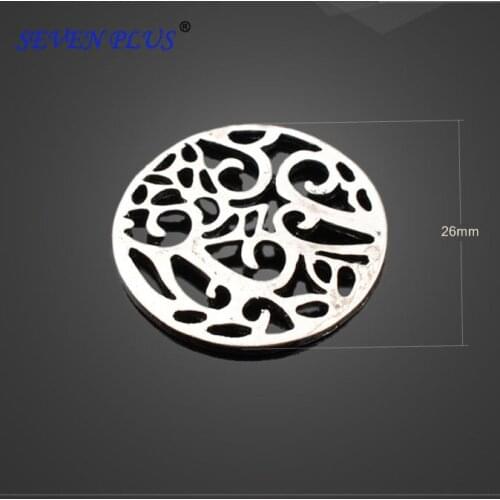 High Quality 50 Pieces/Lot 26mm Antique Silver Plated Hollow Out Flower Pattern Round Necklaces Pendants