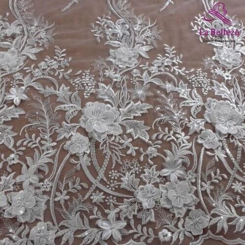 High quality off white polyester with clear sequins 3D flowers wedding dress/stage dress lace fabric 1yard