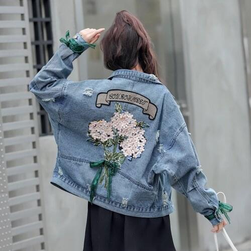 Women Floral Embroidery Denim Jacket Long Sleeve Oversize Boyfriend Distressed Denim Jacket For Women Casual Loose Jeans Coats