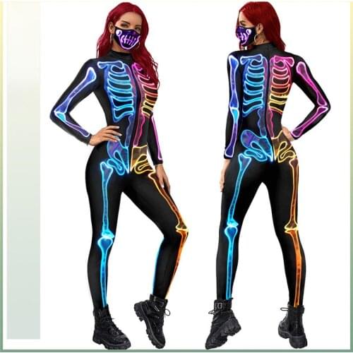 Halloween Cosplay Costumes for Ladies Color Human Skeleton Printing Jumpsuits Fashion New Terror Skull Womens Cosplay Clothing