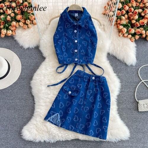Women Korean Summer Denim Suit Turn-down Collar Sleeveless Crop Outfit Jacket +Jeans High Waist A-Line Skirt Female 2PCS Suit
