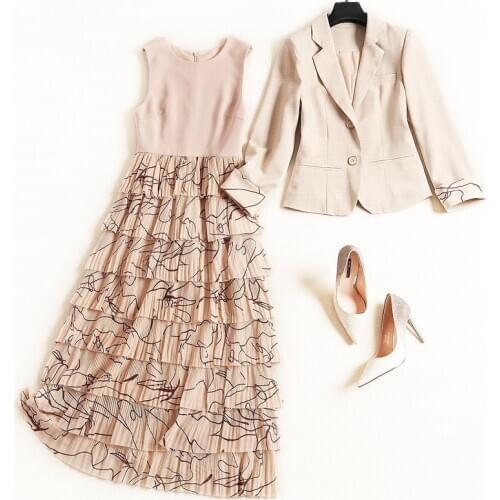 Women plus size blazer suit new 2020 spring summer office lady elegant one button jacket + tiered ruffles dress two piece set