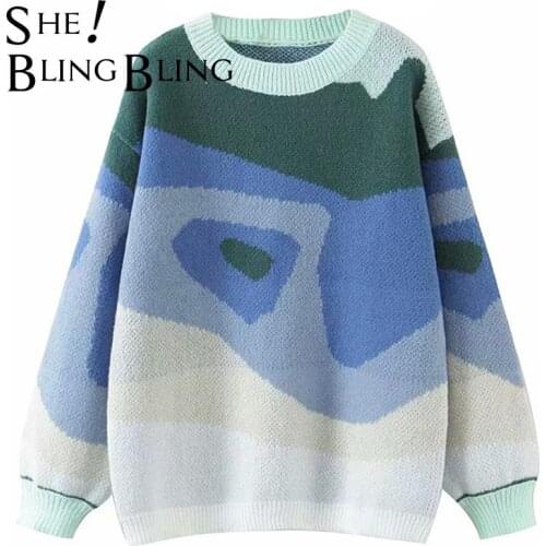 SheBlingBling Za Woman 2021 Casual Tops Traf Sweaters Autumn Winter Geometric Colour Block Female Chic Pull Loose Knit Jumpers