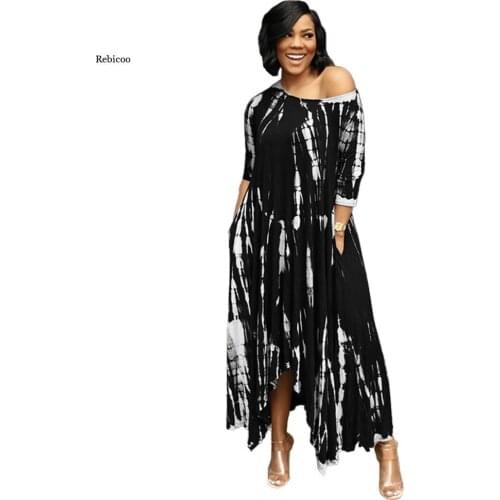 Women Tie-dye Print Diagonal Collar Long Dress Spring Autumn New Casual Loose Long Sleeve Pocket Robe Asymmetrical Maxi Vestidos