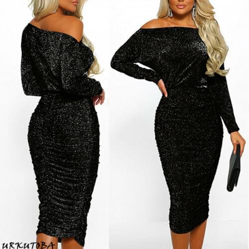 Women Glitter Sequin Off-the-shoulder Club Dress Long Sleeve High Waist Midi Bodycon Dress BlackGray Wine Red