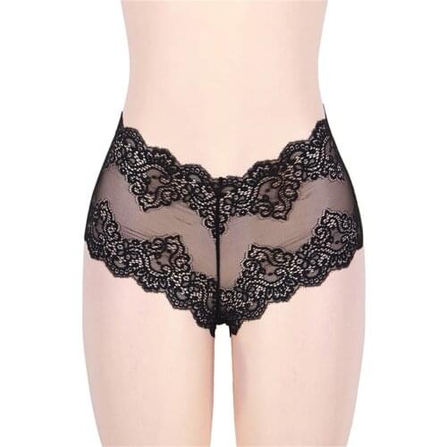 Lingerie Female Briefs Panty Sexy Transparent Women Plus Size Charming Lace Mesh See-Through Underwear Solid Mid-Waist Underpant