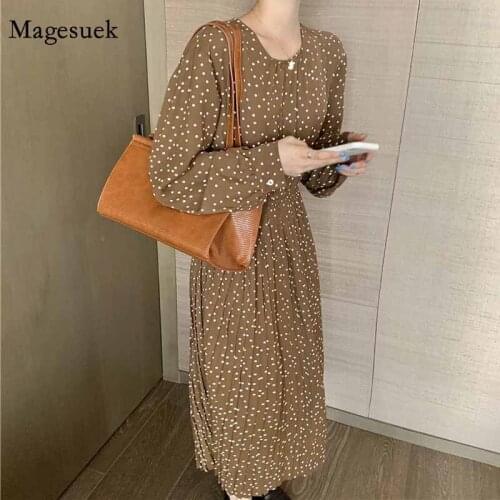 New Fashion Pleated O-neck Korean Elastic Waist Slim Woman Dress 2021 Autumn Polka Dot Sweet Mid-length Chiffon Dress Robe 12698