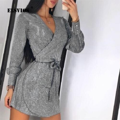 2XL Women Silk Shiny Irregular dress Lady sexy Wrap V neck Glitter party Dress Elegant Autumn solid long sleeve Belt mini dress