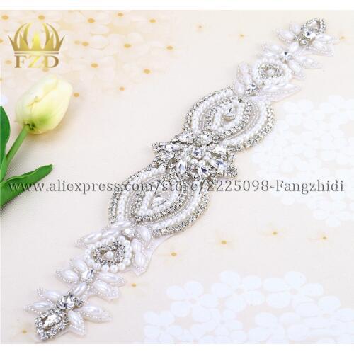 1piece)Handmade Beaded Iron on Clear Bling Sew On Crystal Applique Patch for Wedding Dress Bridal Belt Headbands Garter 2 color