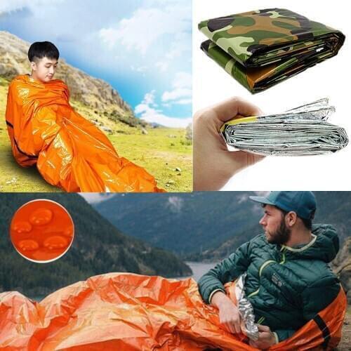 1 PC Waterproof PE Sleeping Bag Thermal Keep Warm Camouflage Emergency Blanket Sun Protection Bag Camping Hiking Survival Tool