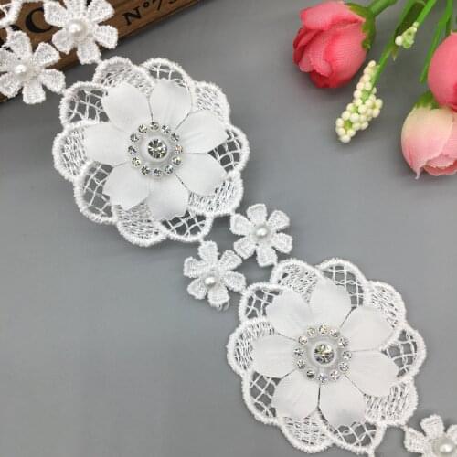 1 yard White Pearl Beaded Diamond Sun Flower Embroidered Lace Trim Ribbon Applique DIY Manual Sewing Supplies Craft Decoration
