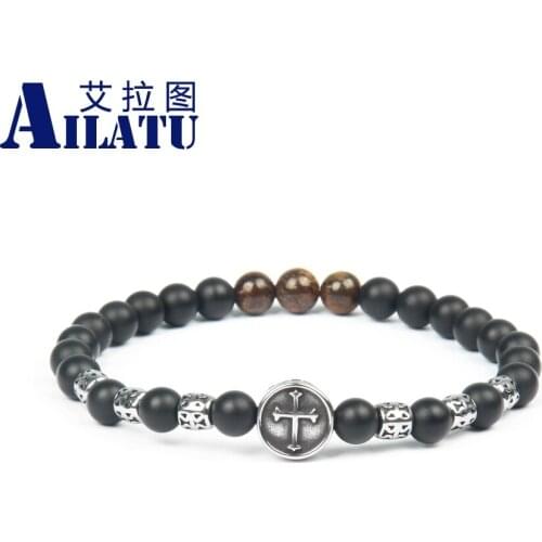 Ailatu New Stainless Steel Round Cross Bracelets with 6mm Natural Matte Onyx Stone Beads Top Quality New Mens Jewelry