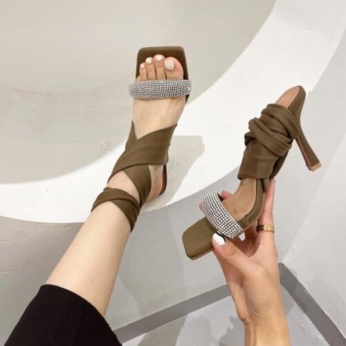 Fashion Women Sandals Rhinestone Open Toe Cross Bandage Thin High Heels Party Sandals Slides Summer Dress Shoes Woman Size 39