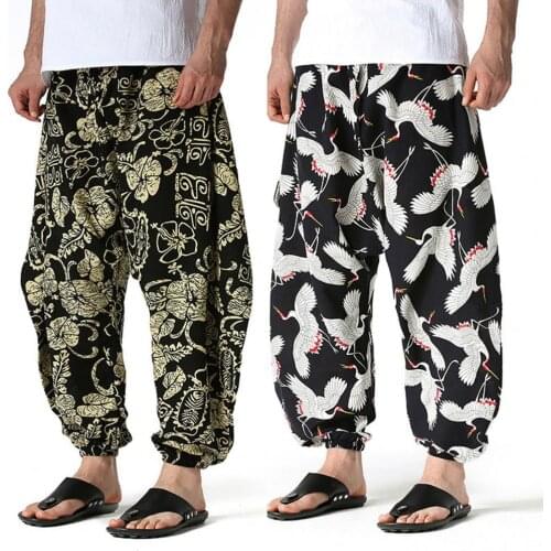 Men Harem Pants Fashion Printed Patchwork Trousers Elastic Waist Joggers Trousers Casual Loose Drop Crotch Bottoms Pants