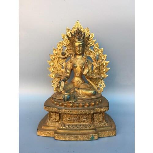 Home Decor 11" Tibet Buddhism Temple Old Bronze Gilt Tara Buddha Statue Dara Bodhisattva Save the Buddha Amitabha Enshrine