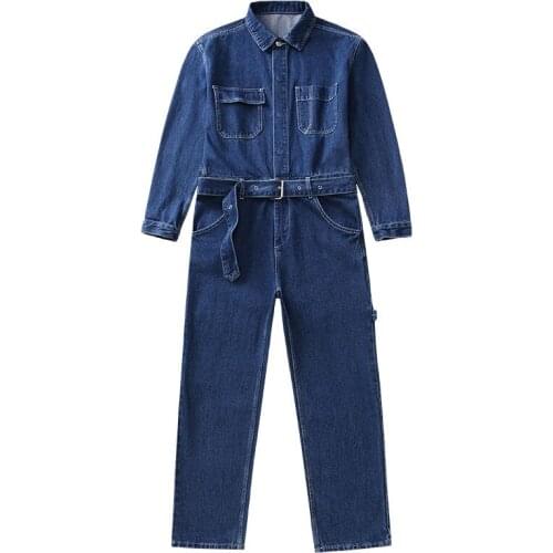 2021 Spring Overalls Mens Denim Jumpsuits Loose Long Sleeve Lapel Solid Color Blue Jeans Hip Hop Pants Fashion Freight Trousers
